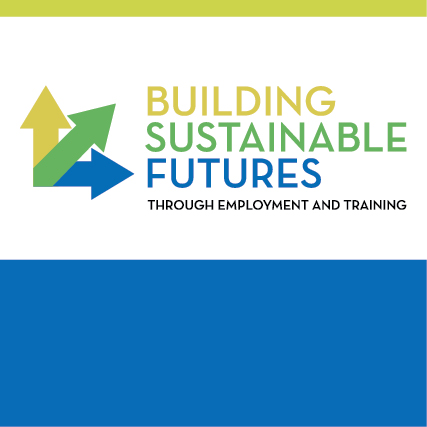 Building Sustainable Futures logo and smiling woman in front of a classroom blackboard