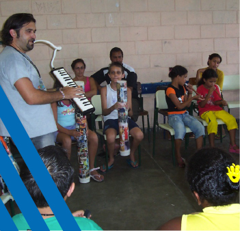 Children and man playing music together