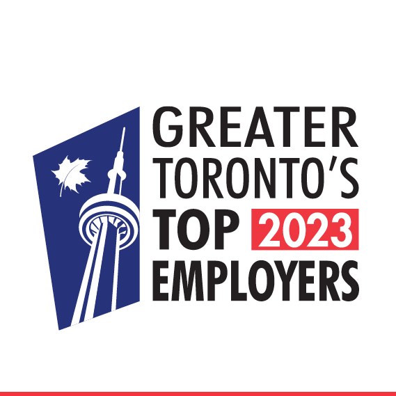 Greater Toronto's Top 100 Employers 2023 logo, with CNTower image