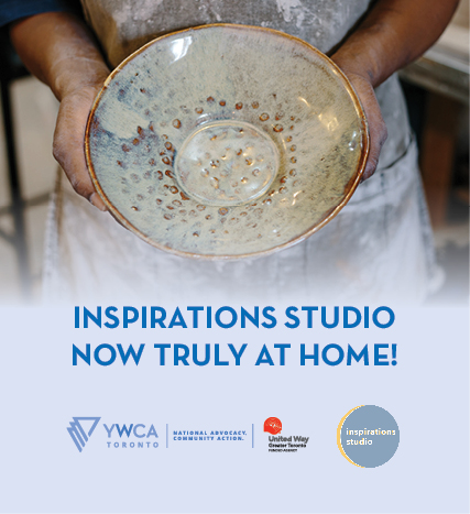 hands holding a ceramic bowl, text reads 'Inspirations Studio now truly at home!'