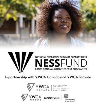 Smiling woman, NESS Fund, YWCA Canada and YWCA Toronto logos