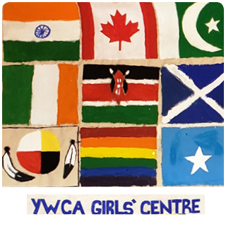 paintings of different flags with text YWCA Girls' Centre