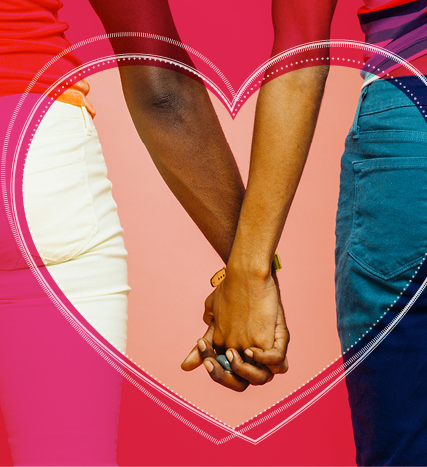 holding hands within heart text reads Happy Valentine's Day